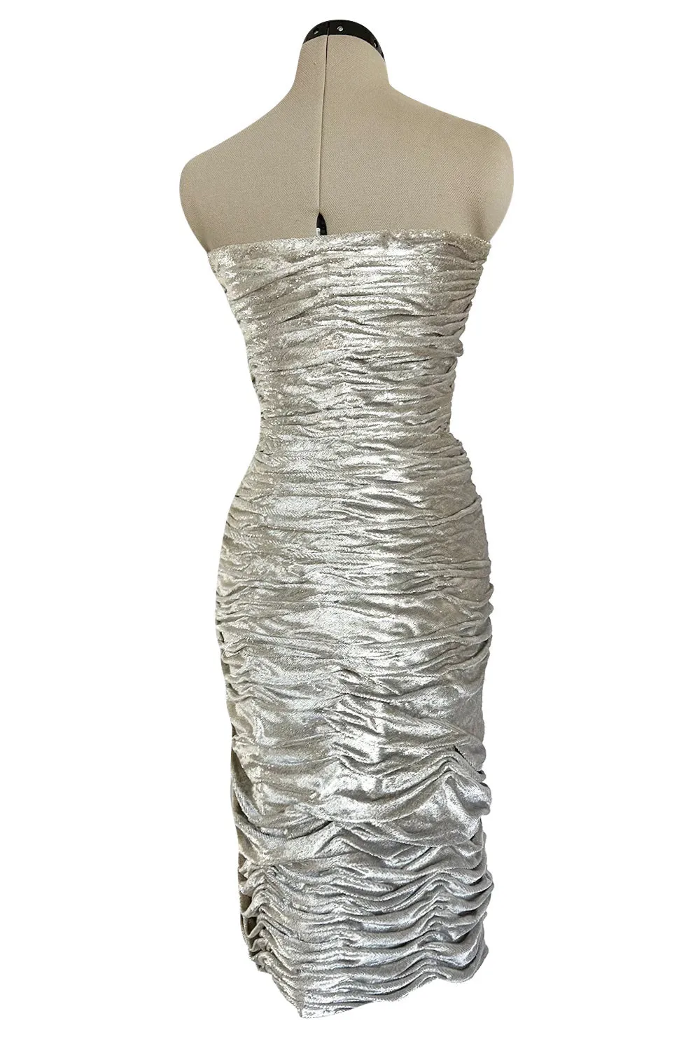 Documented Fall 1984 Emanuel Ungaro Haute Couture Silver Velvet Dress & Feather Jacket