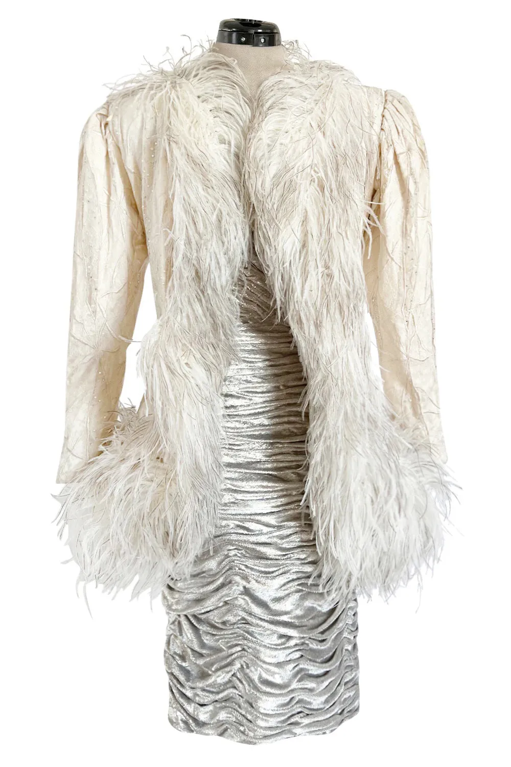 Documented Fall 1984 Emanuel Ungaro Haute Couture Silver Velvet Dress & Feather Jacket