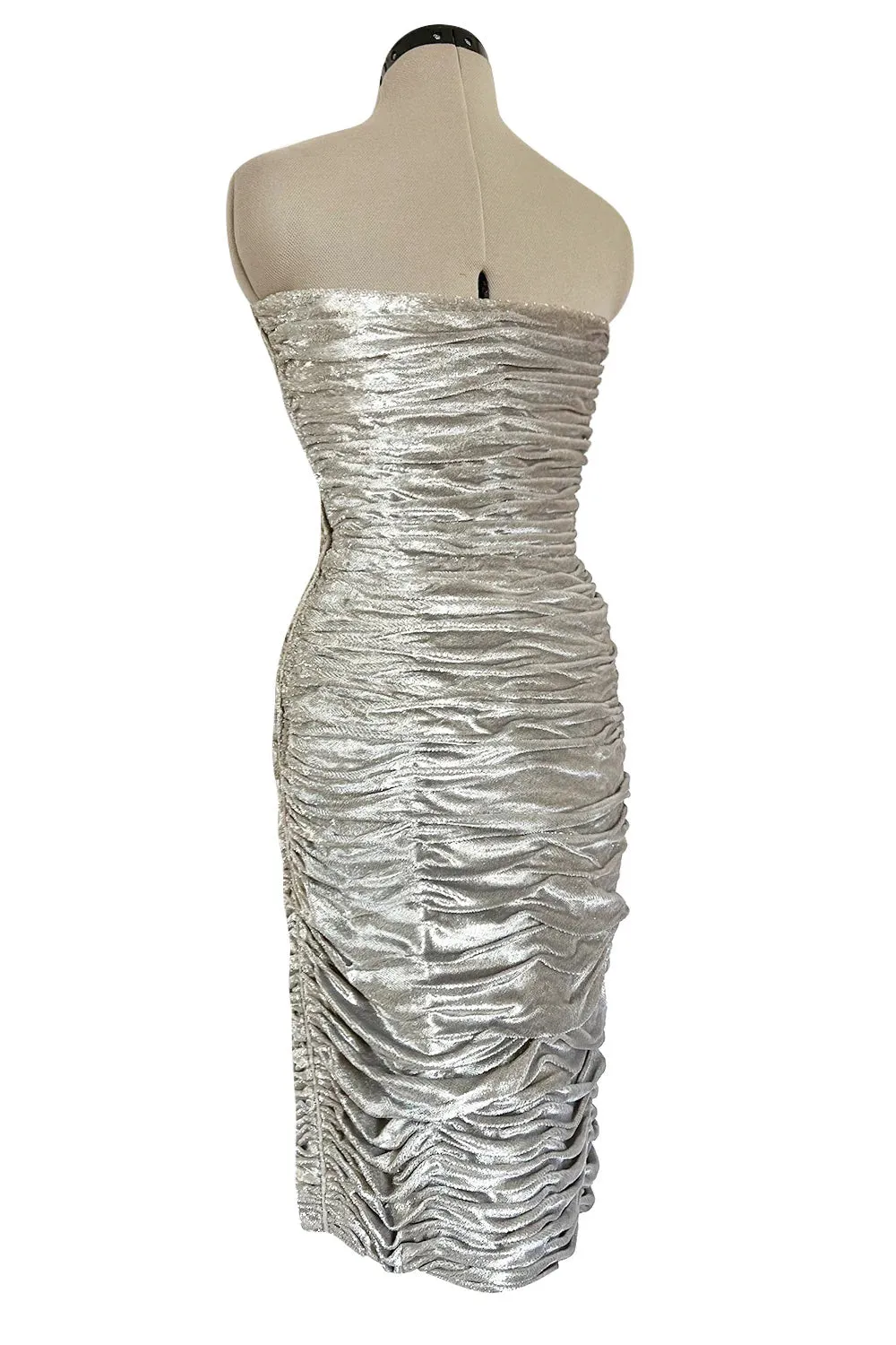 Documented Fall 1984 Emanuel Ungaro Haute Couture Silver Velvet Dress & Feather Jacket