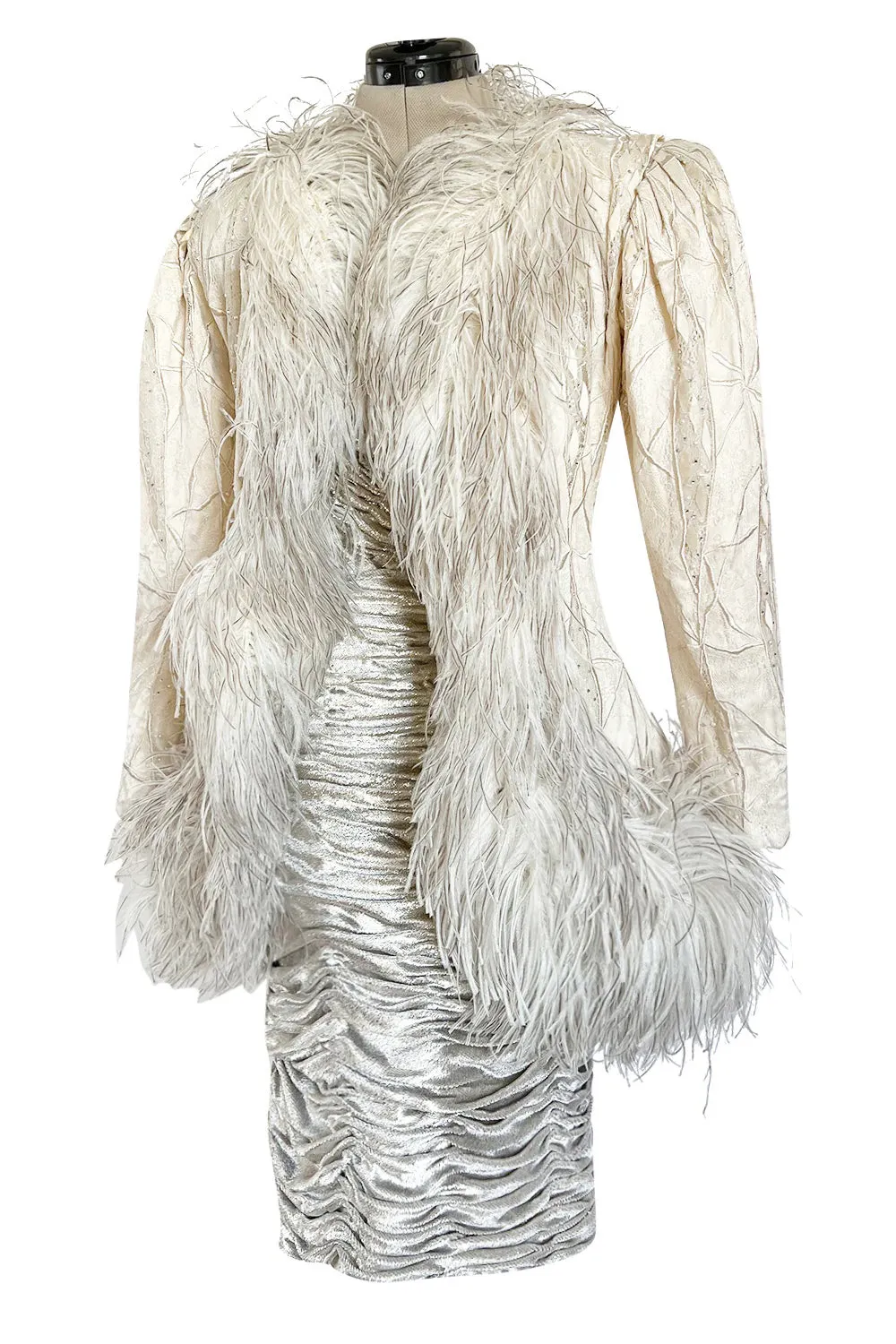 Documented Fall 1984 Emanuel Ungaro Haute Couture Silver Velvet Dress & Feather Jacket