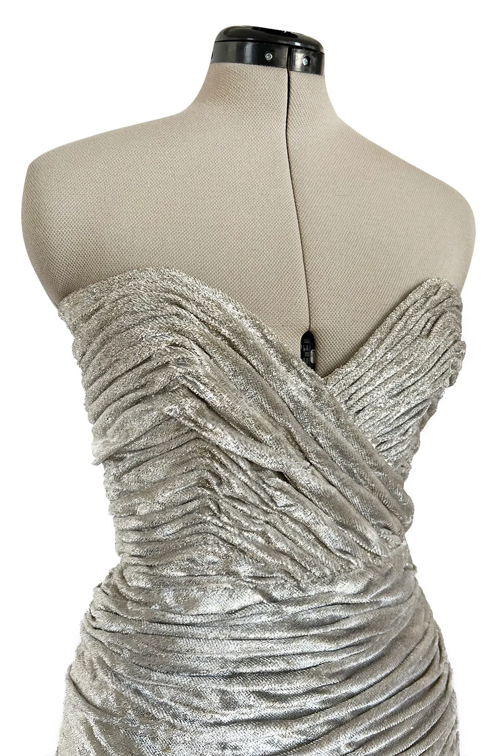 Documented Fall 1984 Emanuel Ungaro Haute Couture Silver Velvet Dress & Feather Jacket