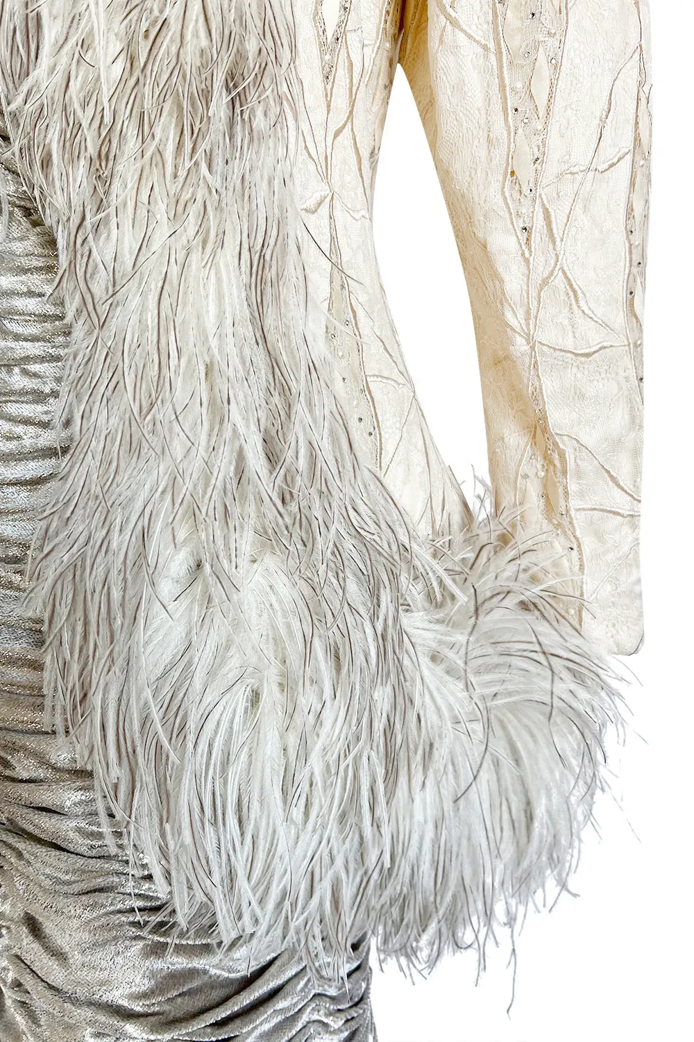 Documented Fall 1984 Emanuel Ungaro Haute Couture Silver Velvet Dress & Feather Jacket