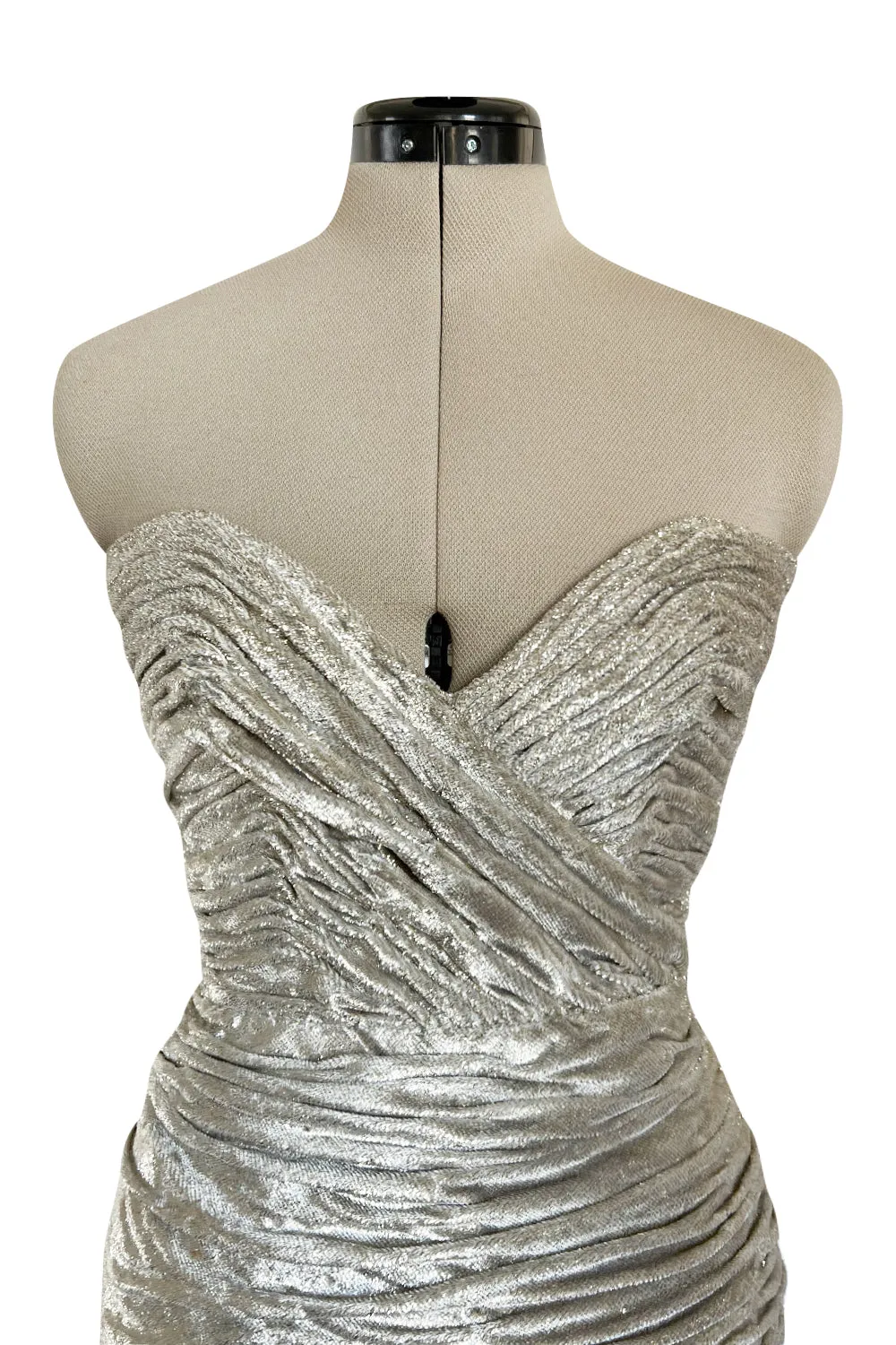 Documented Fall 1984 Emanuel Ungaro Haute Couture Silver Velvet Dress & Feather Jacket