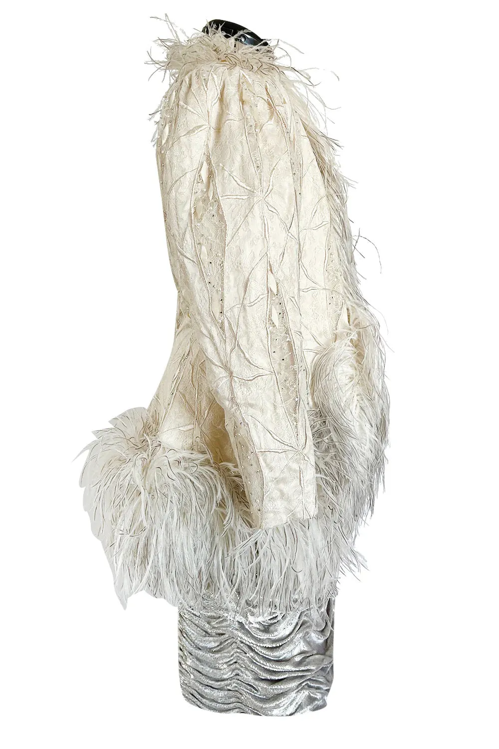 Documented Fall 1984 Emanuel Ungaro Haute Couture Silver Velvet Dress & Feather Jacket