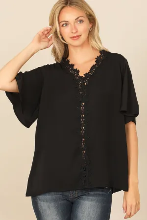 DOLMAN SLEEVE LACE FRONT DETAIL SOLID TOP