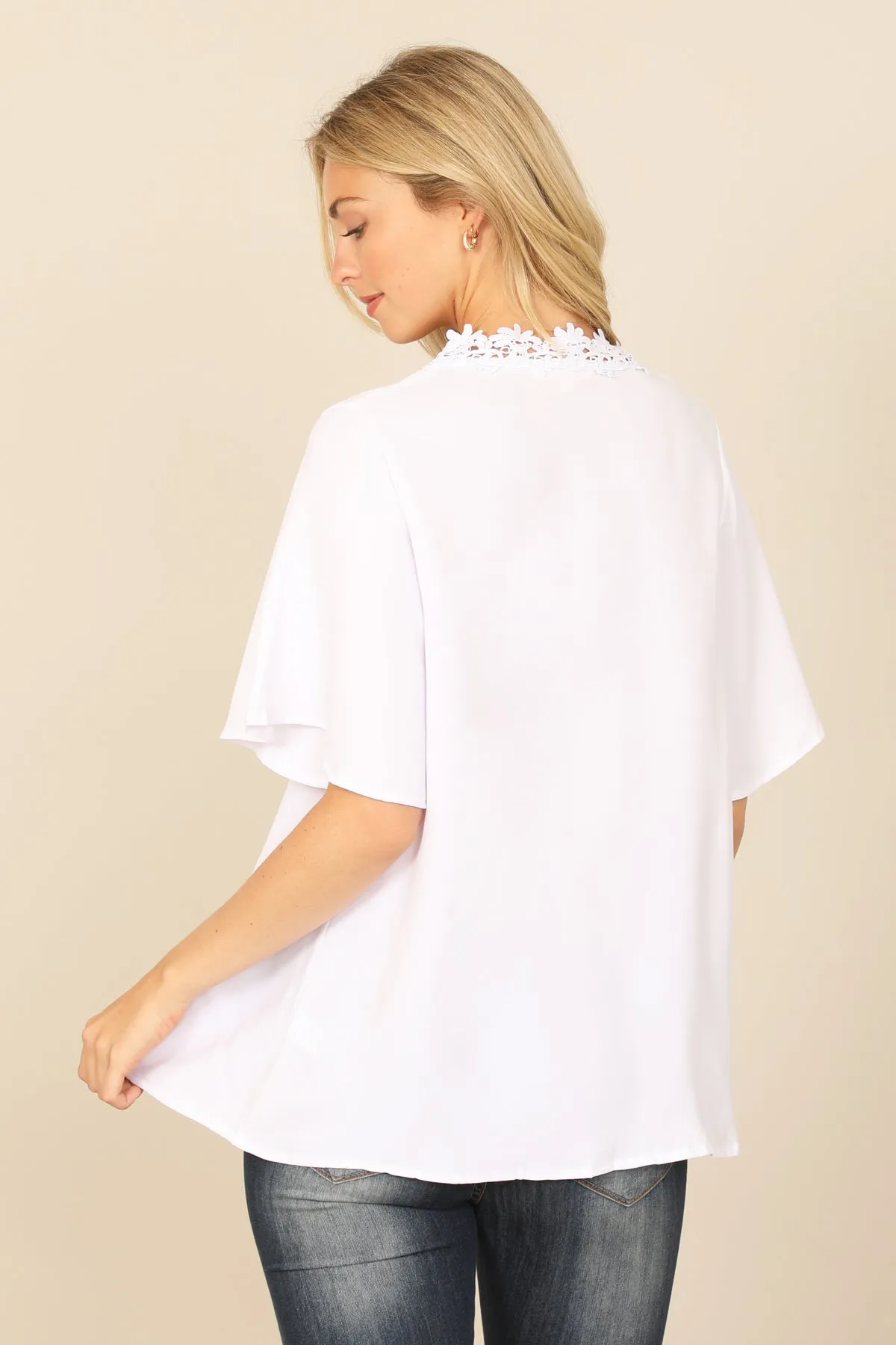 DOLMAN SLEEVE LACE FRONT DETAIL SOLID TOP