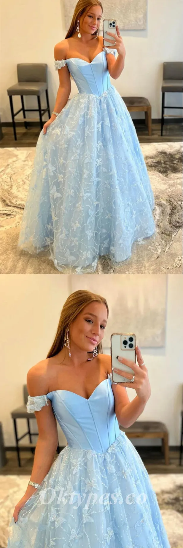 Elegant Satin Tulle And Satin Off Shoulder V-Neck Sleeveless Lace Up A-Line Long Prom Dresses With Applique,PDS0663