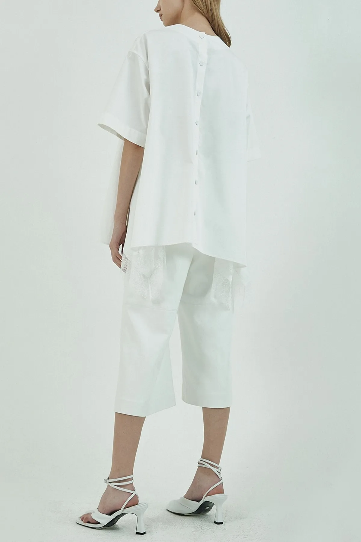 Embellished Lace Trimmed Short Sleeve Blouse in Ivory