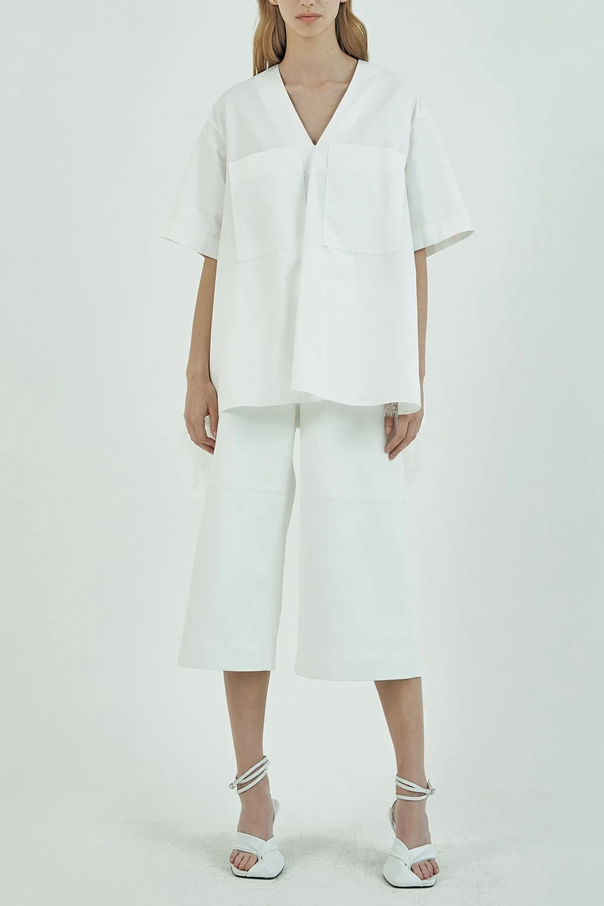 Embellished Lace Trimmed Short Sleeve Blouse in Ivory