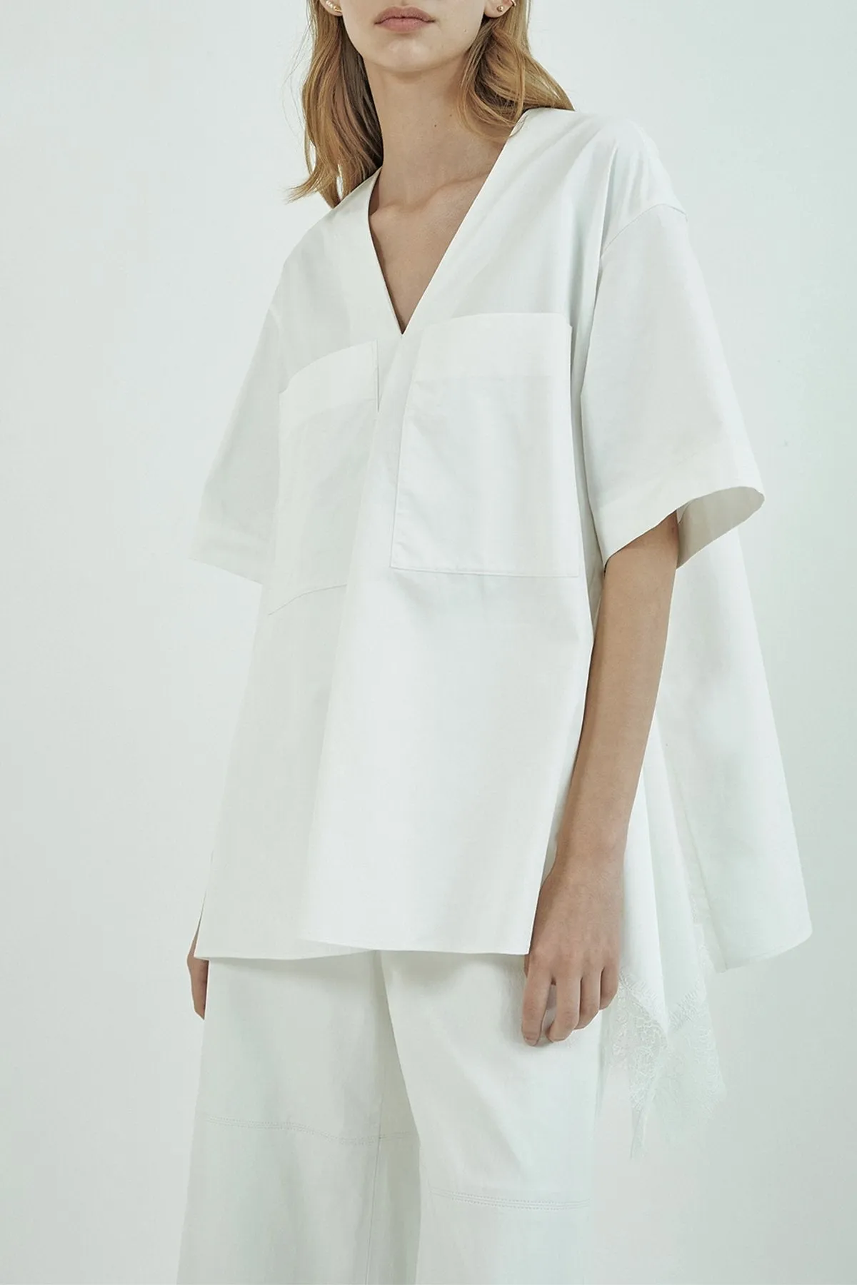 Embellished Lace Trimmed Short Sleeve Blouse in Ivory