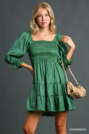 Evergreen Satin Smocked Babydoll Dress