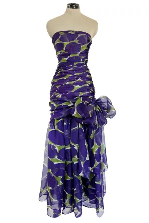 Exceptional Spring 1984 Yves Saint Laurent Runway Strapless Purple & Green Silk Organza Dress