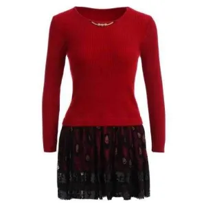 Feather Printed Fuzzy Sweater Dress - Red One Size