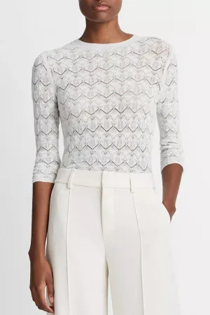 Fine Lace Cotton Three-Quarter-Sleeve Sweater in Optic White