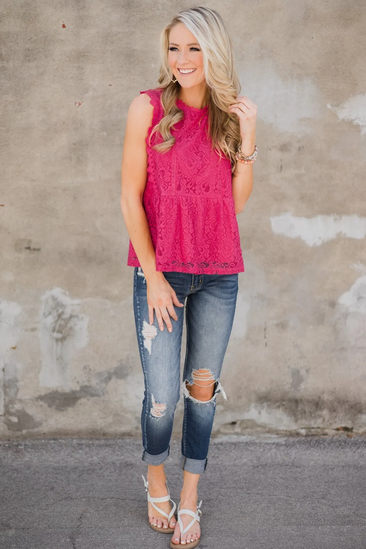 Flirty in Lace Tank Top - Fuchsia