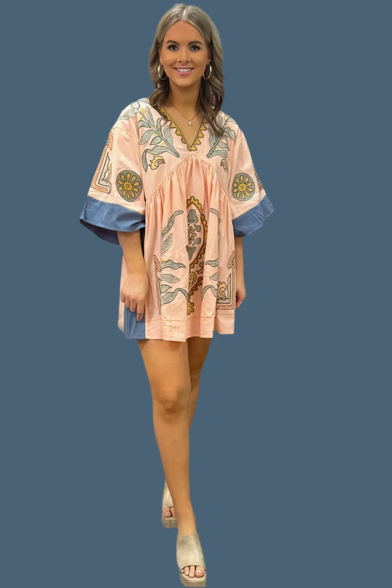 Floral Embroidered V-Neck Mini Dress