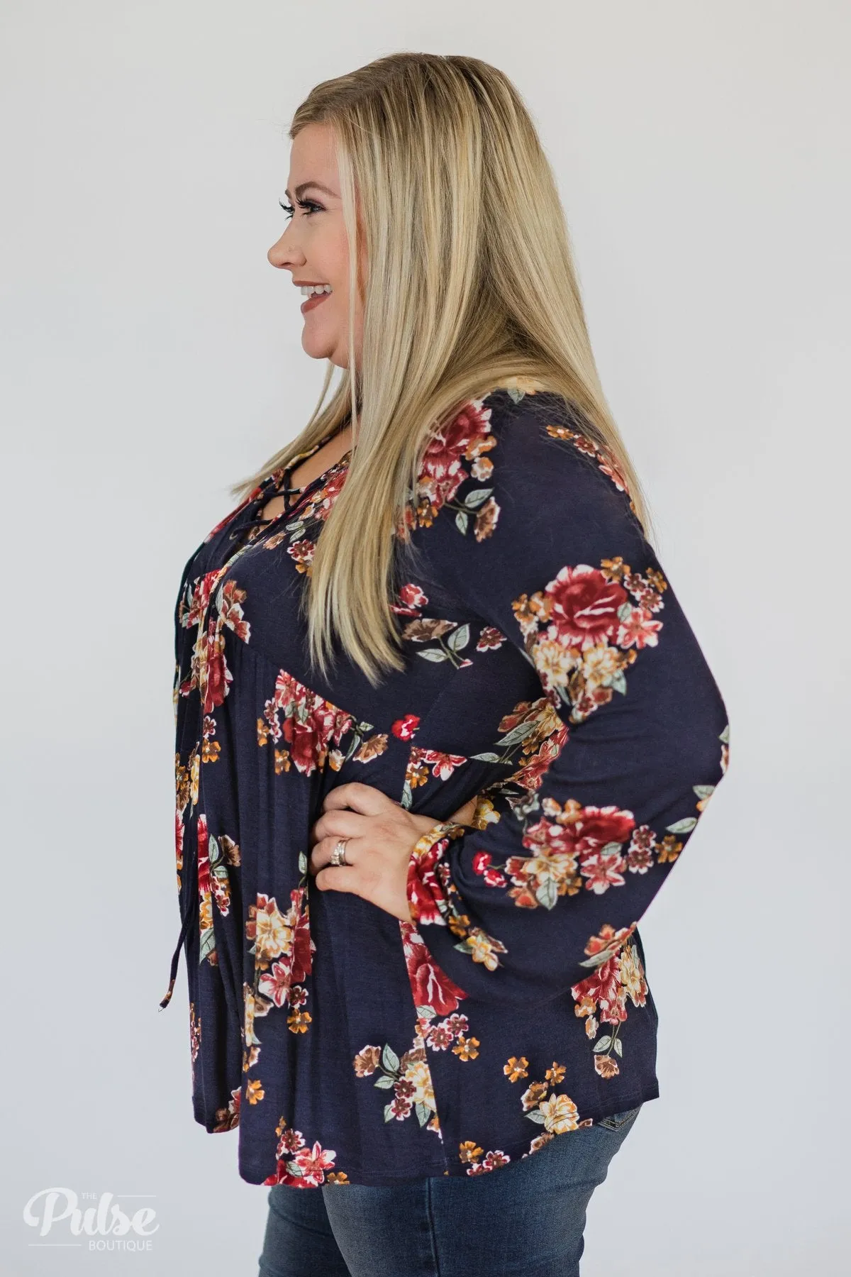 Floral Lace Up Babydoll Top- Navy