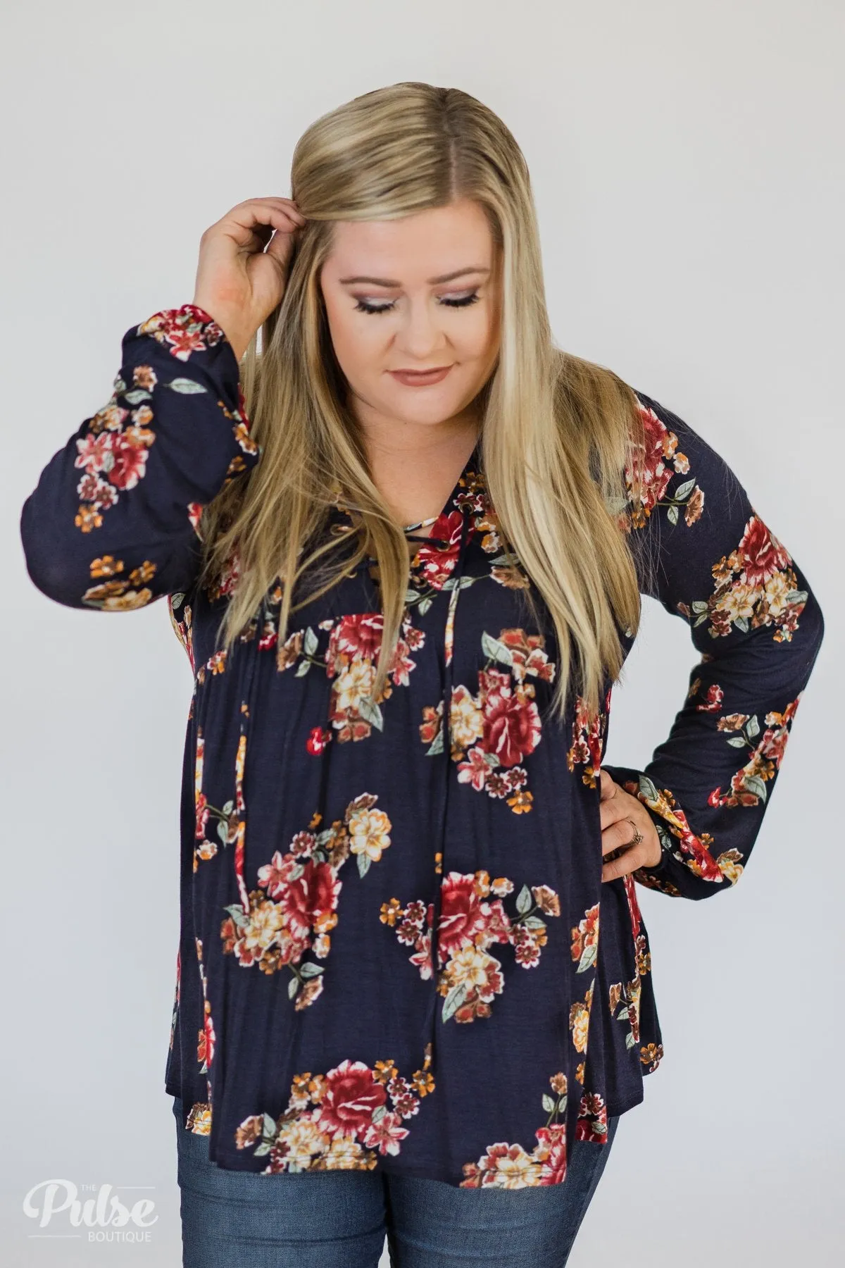Floral Lace Up Babydoll Top- Navy