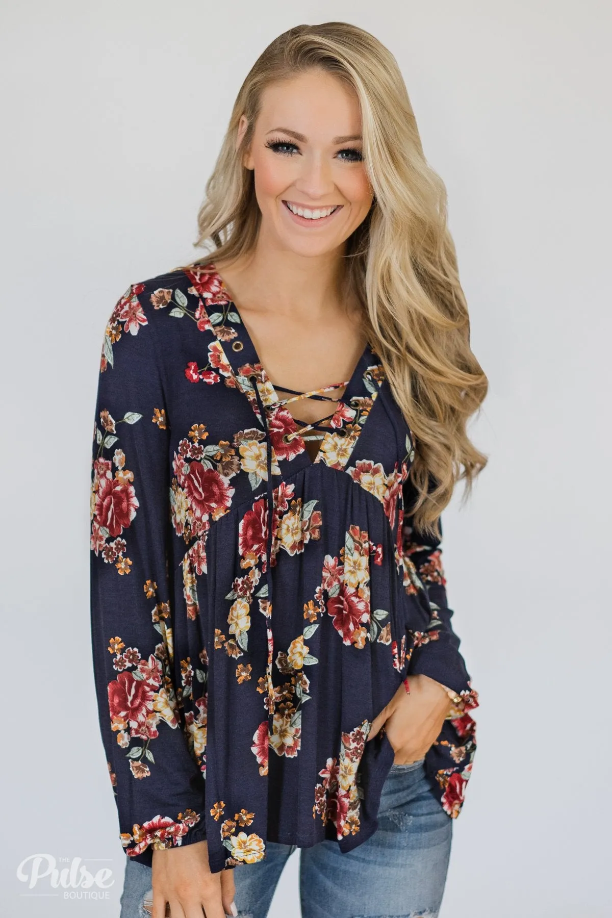 Floral Lace Up Babydoll Top- Navy