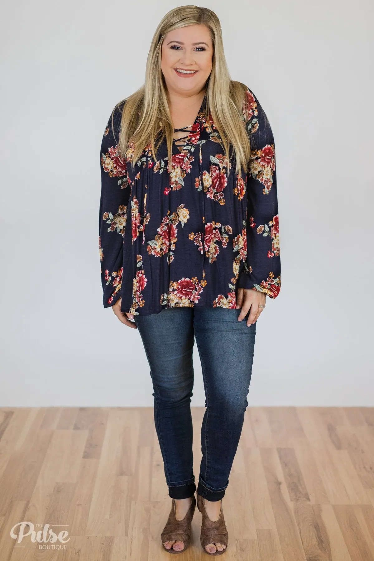 Floral Lace Up Babydoll Top- Navy