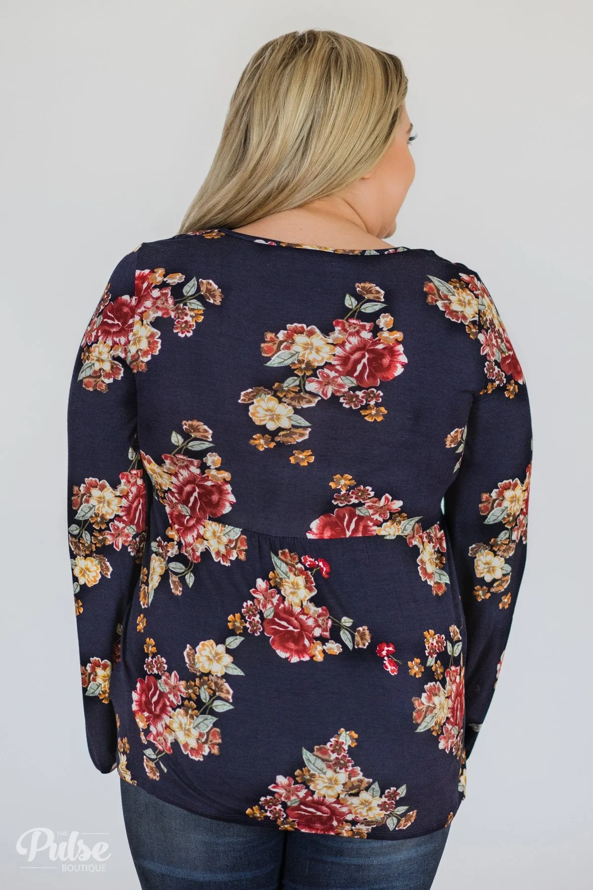 Floral Lace Up Babydoll Top- Navy