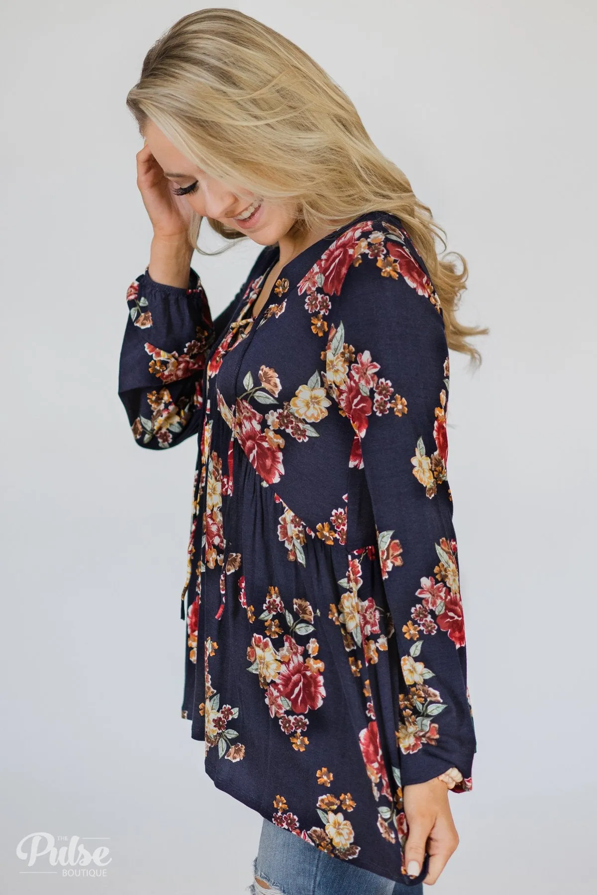 Floral Lace Up Babydoll Top- Navy