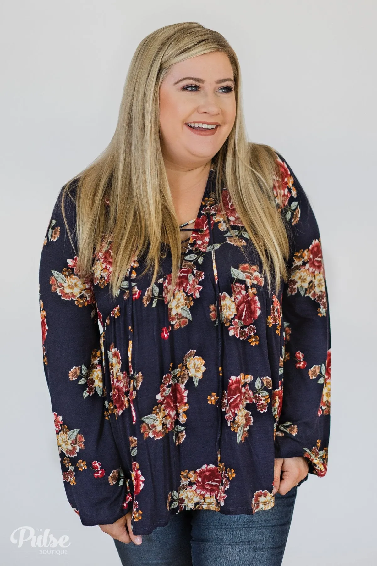 Floral Lace Up Babydoll Top- Navy
