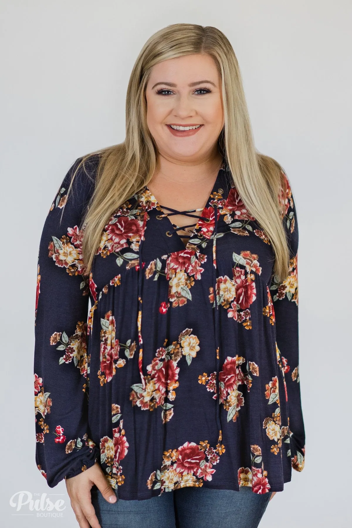 Floral Lace Up Babydoll Top- Navy