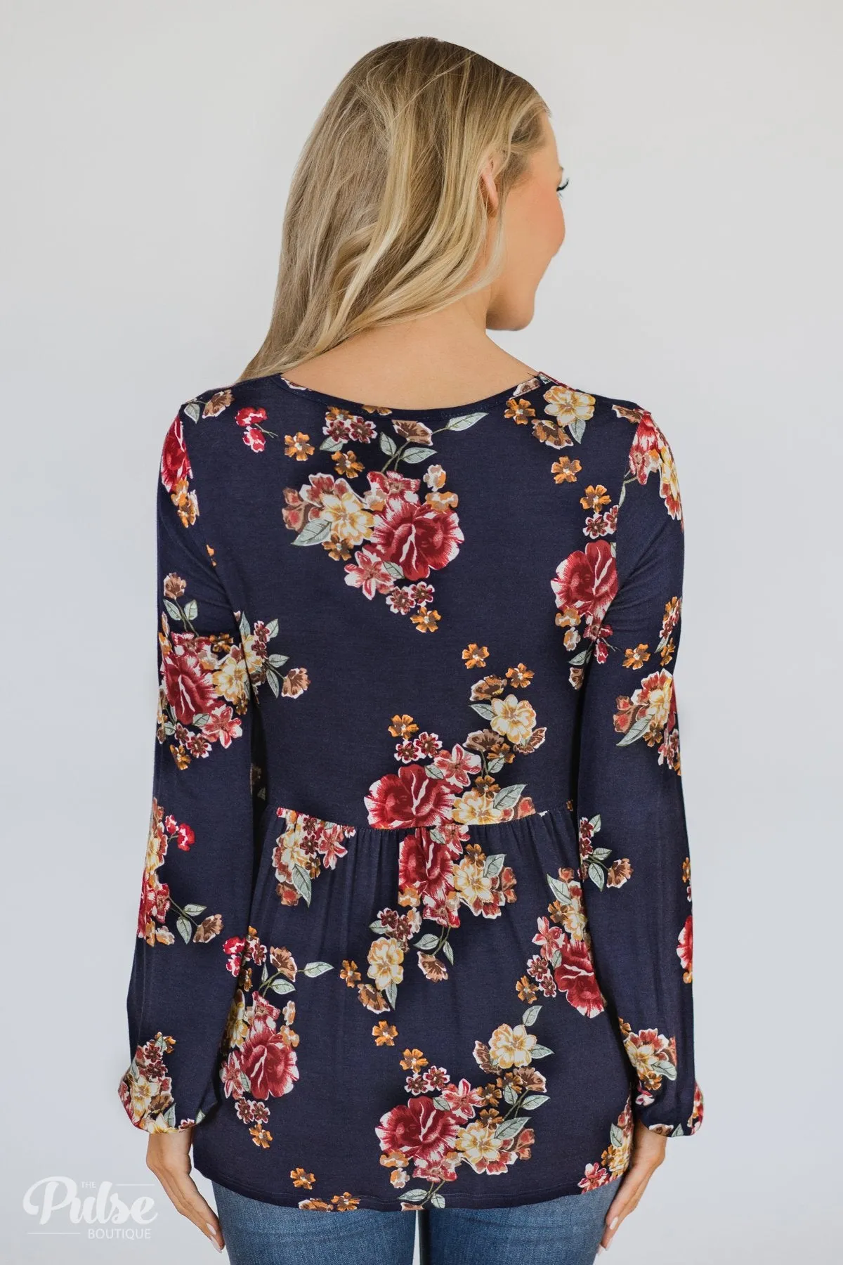 Floral Lace Up Babydoll Top- Navy
