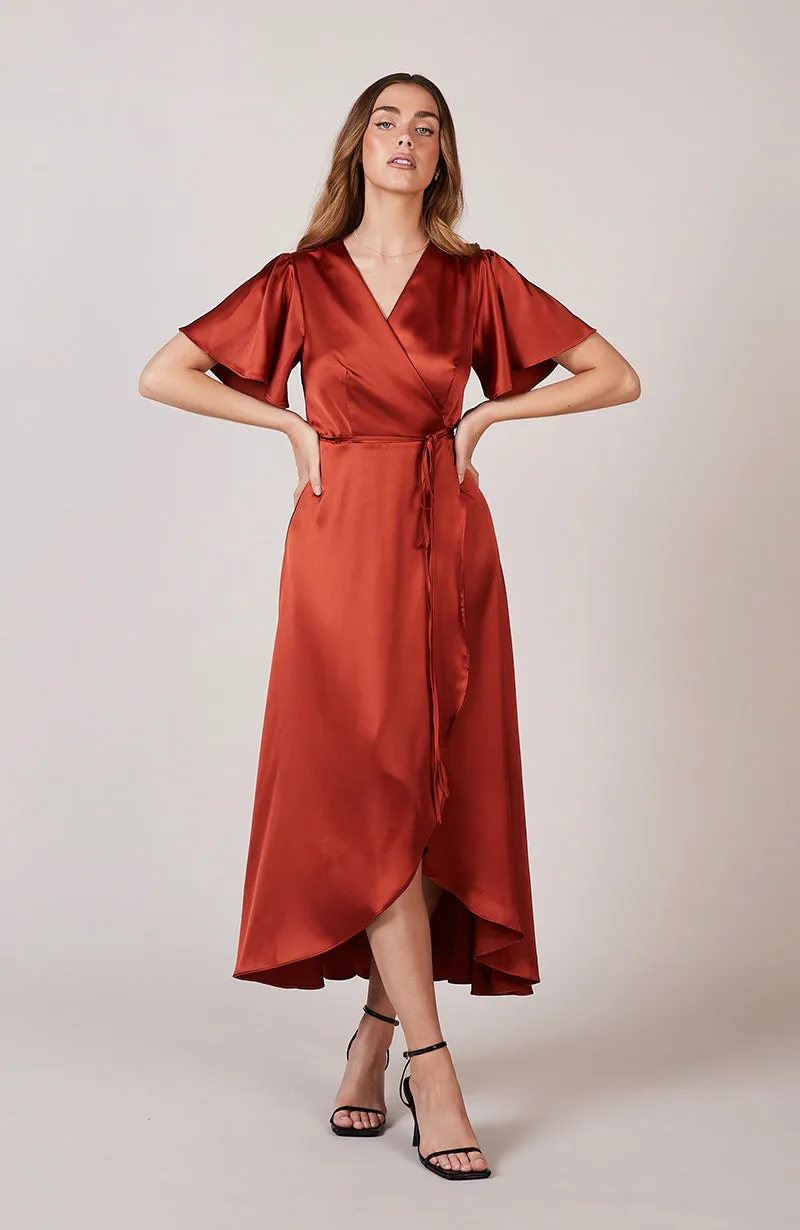 Florence Waterfall Dress in Burnt Orange Satin (L & XL)