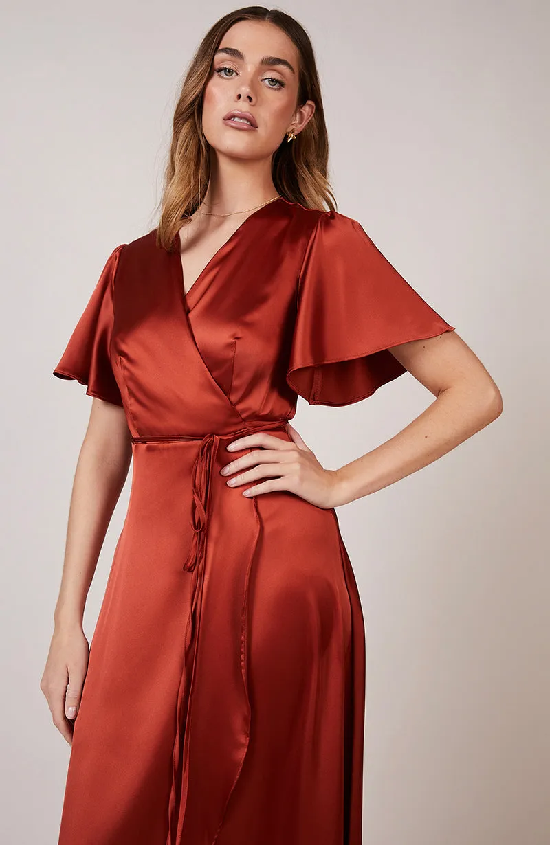 Florence Waterfall Dress in Burnt Orange Satin (L & XL)
