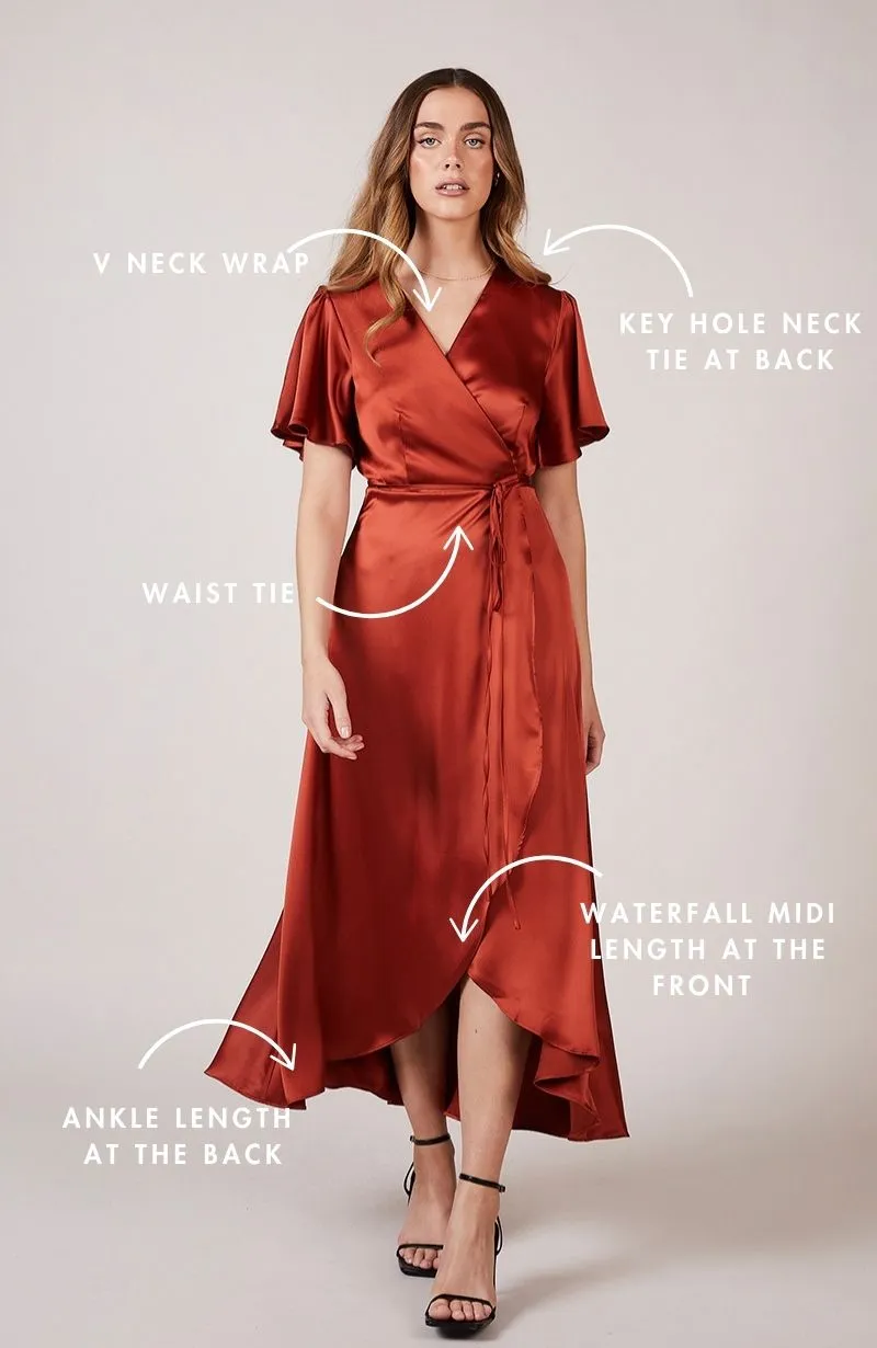 Florence Waterfall Dress in Burnt Orange Satin (L & XL)
