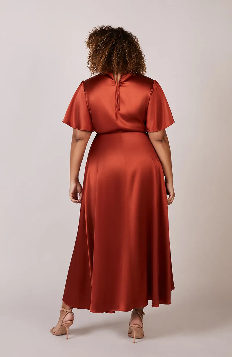 Florence Waterfall Dress in Burnt Orange Satin (L & XL)