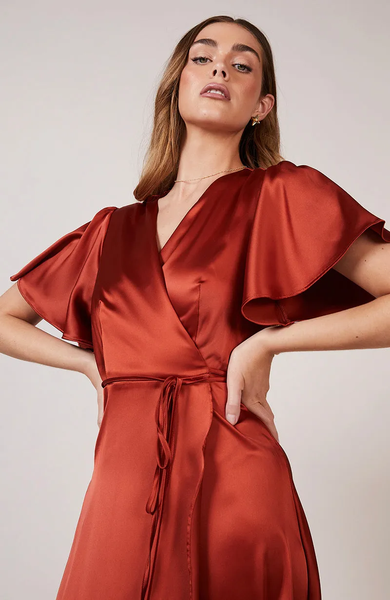 Florence Waterfall Dress in Burnt Orange Satin (L & XL)
