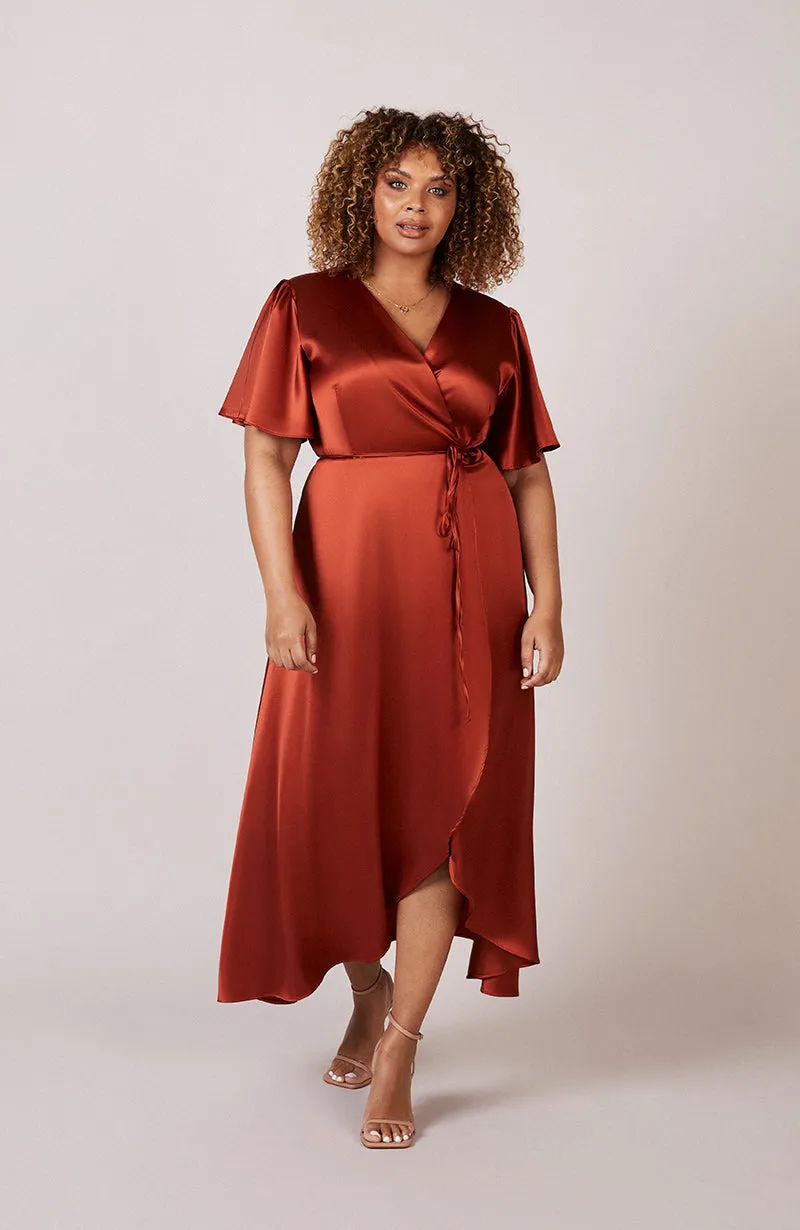 Florence Waterfall Dress in Burnt Orange Satin (L & XL)