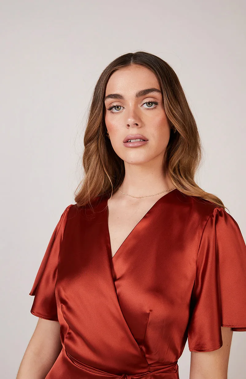 Florence Waterfall Dress in Burnt Orange Satin (L & XL)