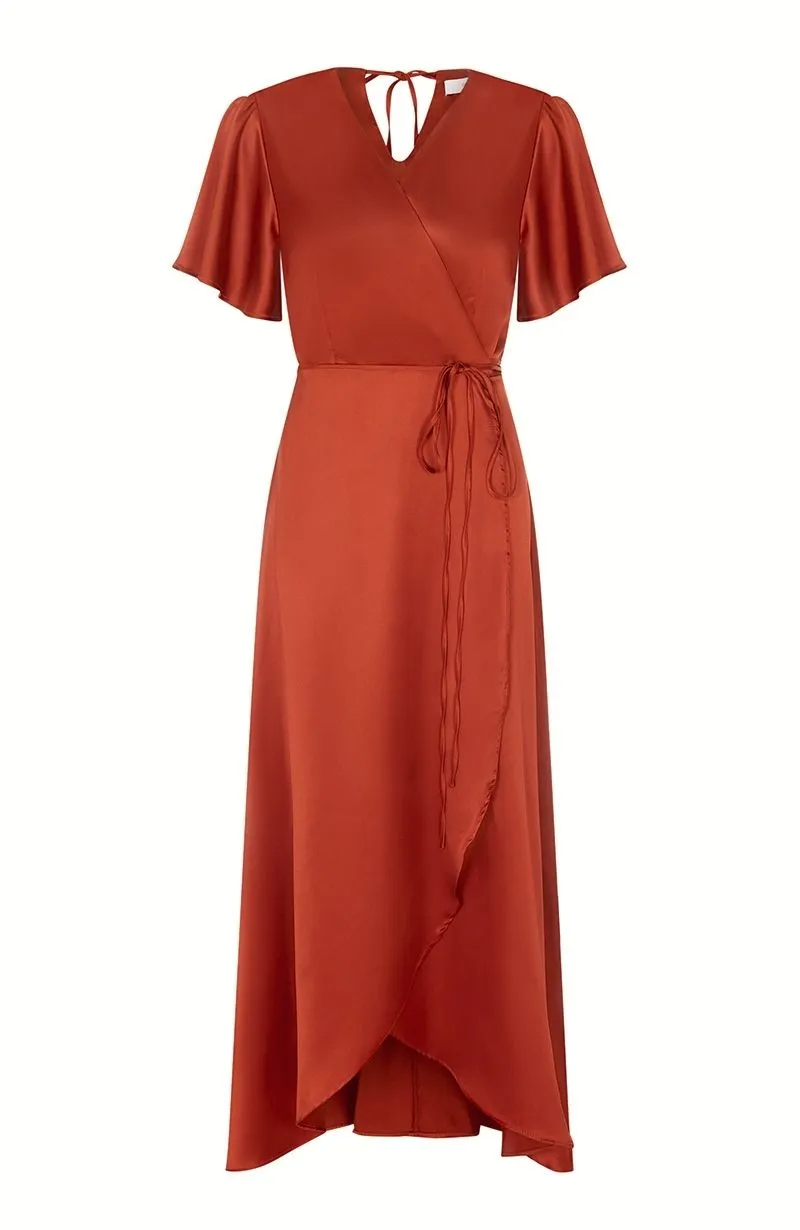 Florence Waterfall Dress in Burnt Orange Satin (L & XL)