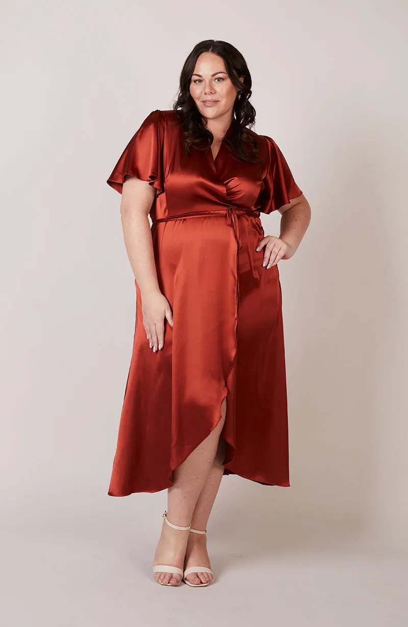 Florence Waterfall Dress in Burnt Orange Satin (L & XL)