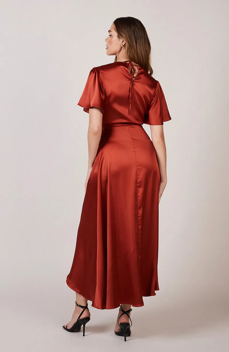 Florence Waterfall Dress in Burnt Orange Satin (L & XL)