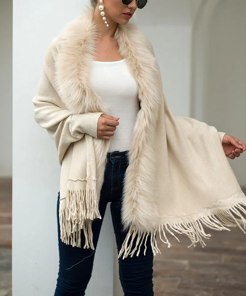 Fringed Cloak Shawl Fur Collar Cloak