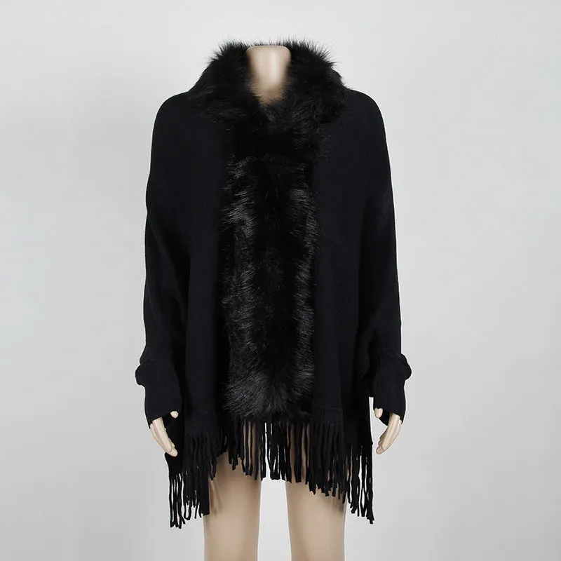 Fringed Cloak Shawl Fur Collar Cloak