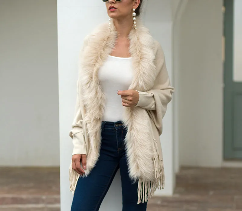 Fringed Cloak Shawl Fur Collar Cloak