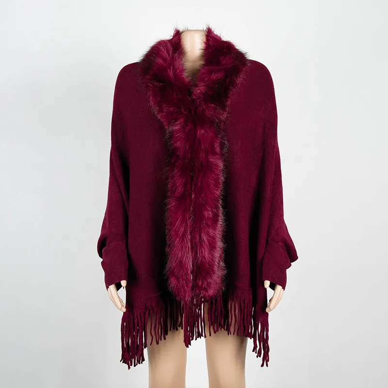 Fringed Cloak Shawl Fur Collar Cloak