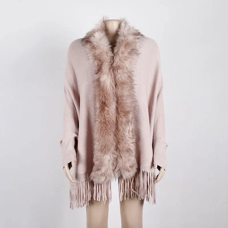 Fringed Cloak Shawl Fur Collar Cloak