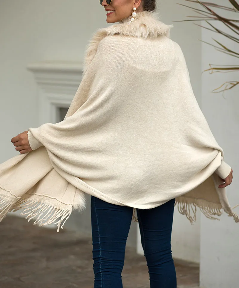 Fringed Cloak Shawl Fur Collar Cloak
