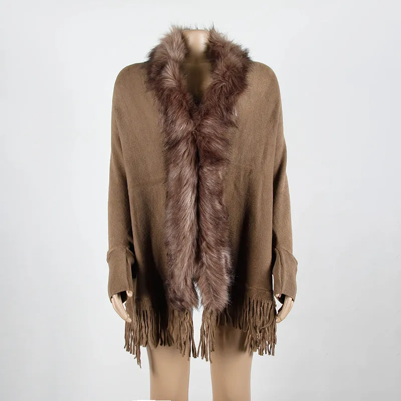 Fringed Cloak Shawl Fur Collar Cloak