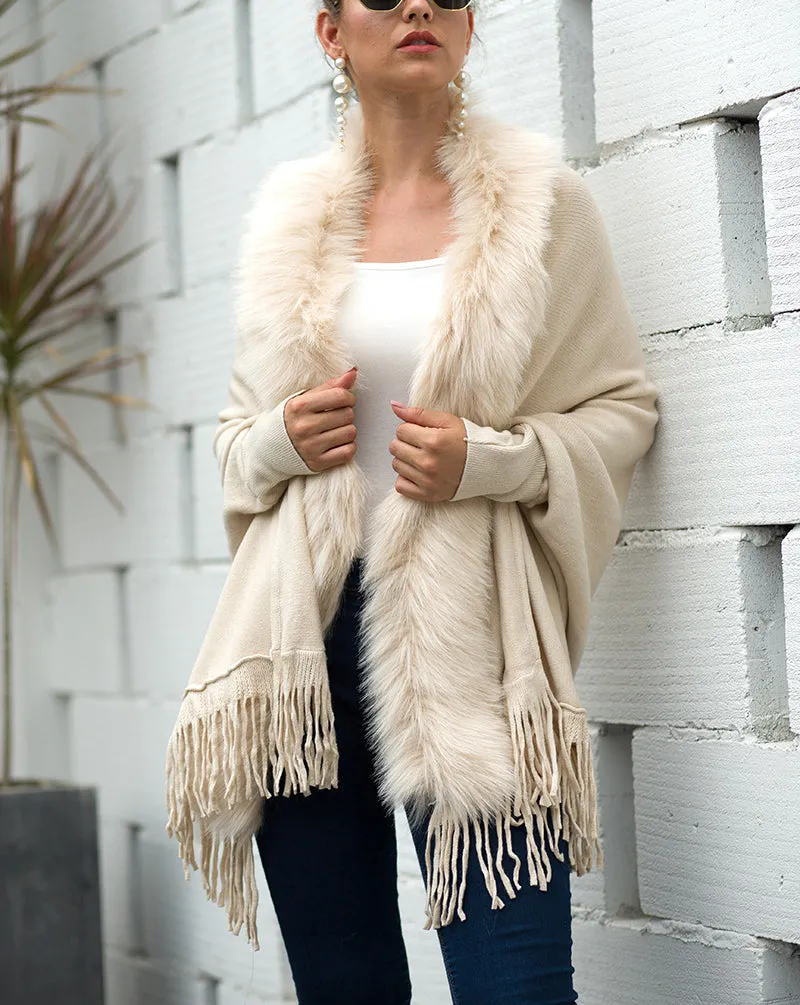 Fringed Cloak Shawl Fur Collar Cloak