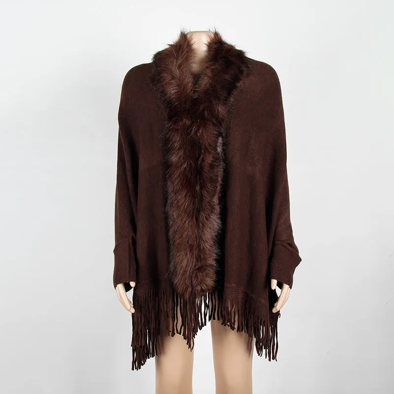 Fringed Cloak Shawl Fur Collar Cloak