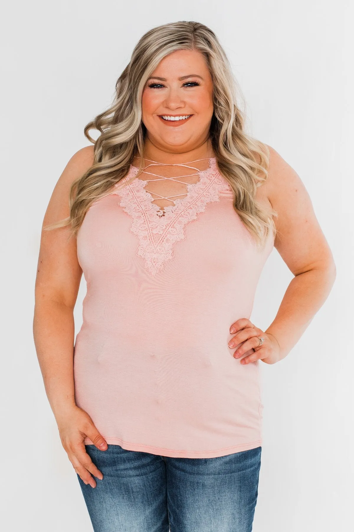 Front Lace Criss Cross Tank Top- Blush