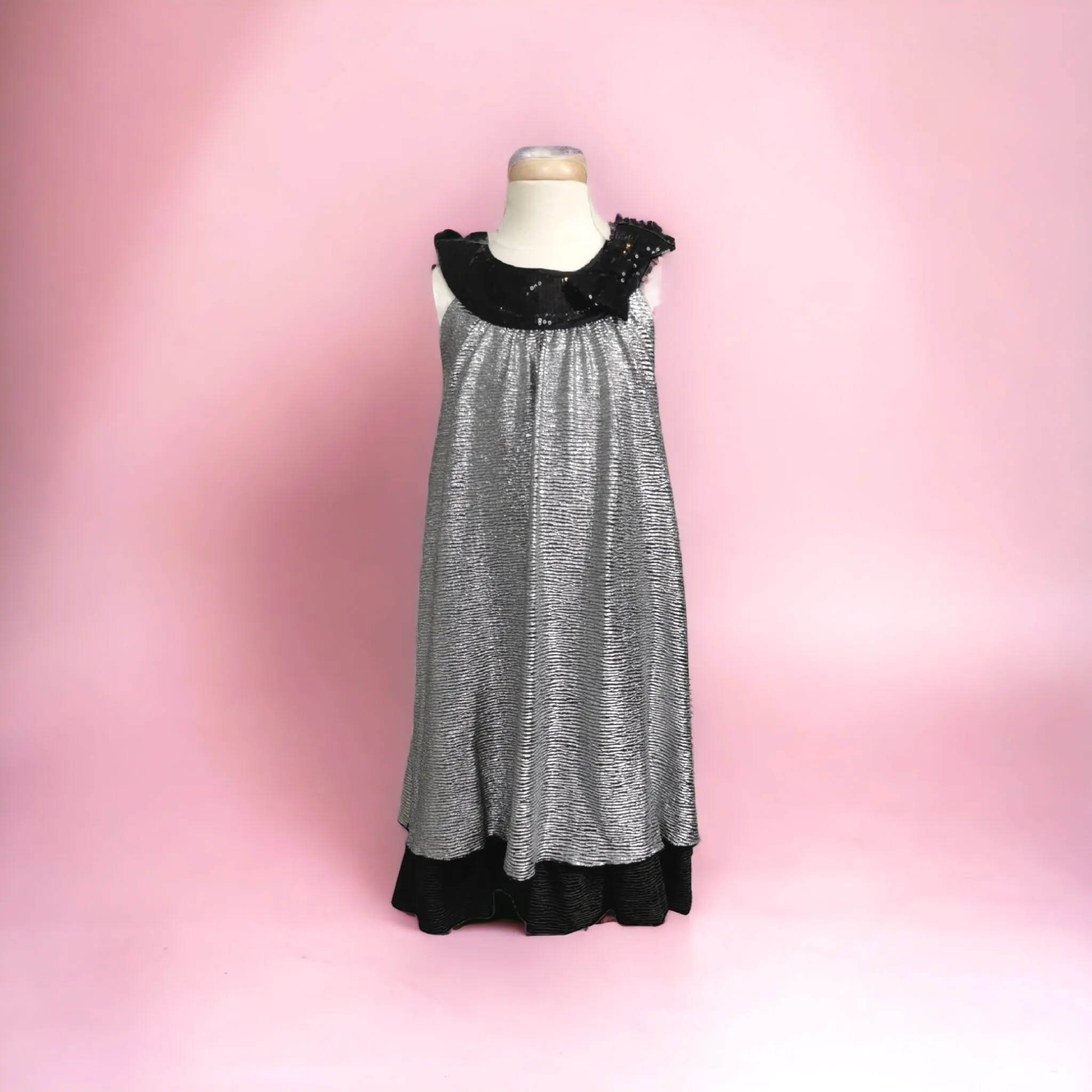 GIRL SIZE 7 YEARS - TURO PARC, barcelona   new york, Sparkly Silver & Black, Special Occasion Dress EUC B37